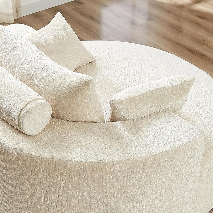55 Oversized Round Chair Cozy Chenille Upholstered Circle Round Sofa Deep Seat Accent Chair for Living Room Bedroom &amp Reading No Assembly Required Beige