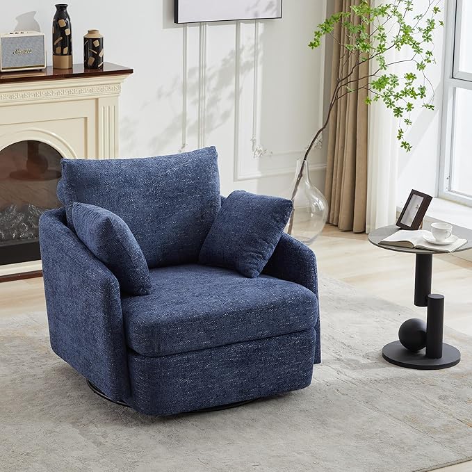 Aoiy &amp Wifon 40.55 W Oversized Swivel Accent Chair Modern Comfy Swivel Armchair for Living Room Woven Chenille Navy