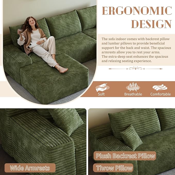 135.4 Boneless Couches for Living Room Modular Sectional Sofa with Oversized Chaise L-Shape Cloud Couch with Deep Seat High-Density Memory Foam No Assembly Required (Green Right Facing Chaise)