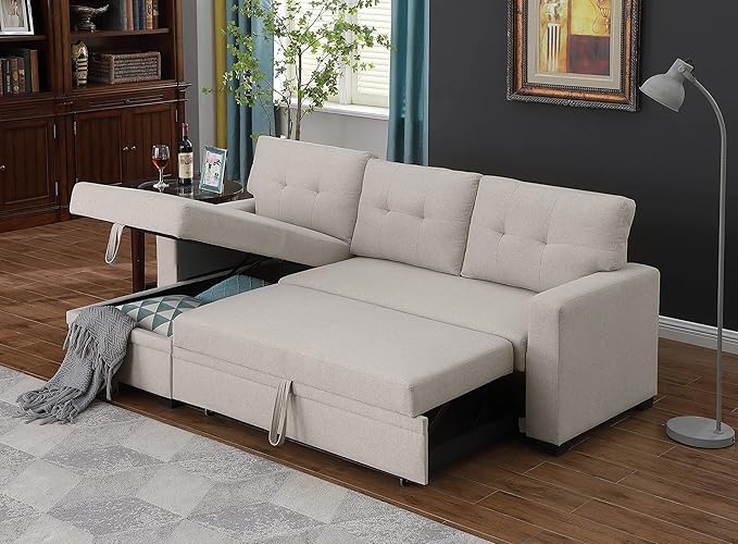 ACQCA 82 L-Shape Sleeper Sectional Sofa with Storage Chaise and Pull-Out BedConvertible Sofa Bed Sectional Couch for Living RoomApartmentOfficeBeige