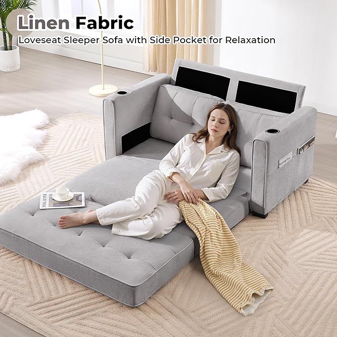 Convertible Sofa Bed Pull Out Loveseat Sleeper CouchLinen Fabric 2 in 1 Folding Couch Bed Fold Out Floor Futon Couches with Cup Holder for Living Room BedroomSmall Space Light Grey