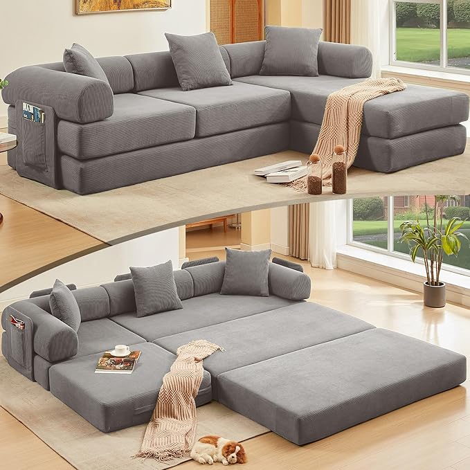 L Shaped Convertible Modular Sofa Bed with Cylindrical Pillow &amp Reversible Chaise Corduroy Folding Floor Sofa Couch Bed with Fixed-Shape Frame &amp Storage Pocket for Living Room Grey