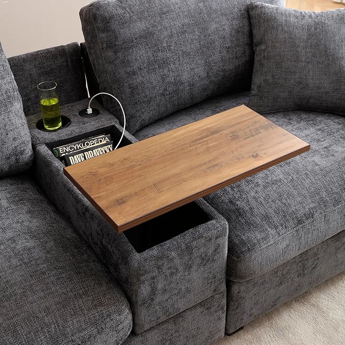 Oversized L-Shaped Modular Sectional Sofa with Storage Armrest Reversible Couch with Movable Ottoman USB Ports Cup Holders 360°Swivel Tray Comfy Cloud Cushions for Living Room or Apartment Gray