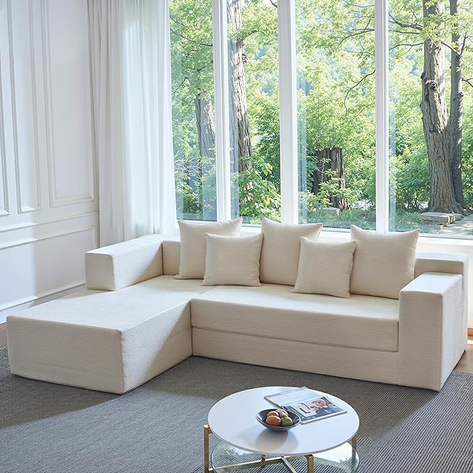 YINIX 106 Modular Sectional Sofa Modern Cloud Couch with L-Shape Chaise Upholstered Boneless Couches with Deep Seat Comfy Corduroy Sofa for Living Room Bedroom No Assembly (Beige)