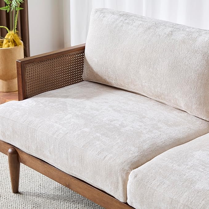 72 Square Arm 3-Seater Sofa with Cane Rattan &amp Rubber Wooden Frame Tapered Legs High-Resilience Sponge Beige Cushions Vintage Modern Couch for Living Room Bedroom Apartment Office Walnut