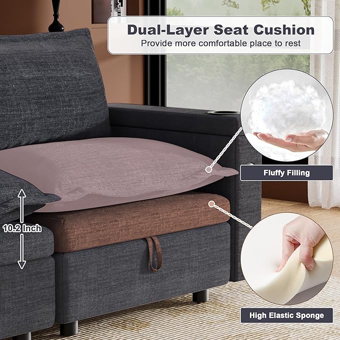 Modular Sectional Sofa 90.5 Cloud Sectional Couch with Deep Seat Modern Comfy L Shaped Couch with Chaise Boneless Couches for Living Room Bedroom No Assembly Required Dark Gray