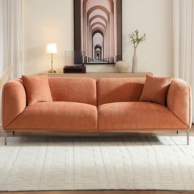 82.7 Modern Sofa Couch Sectional Sofa with Metal Legs Boucle Fabric 3 Seater Cloud Couch with 2 Pillows Upholstered Loveseat Couch for Living Room Apartment Office.(Orange)
