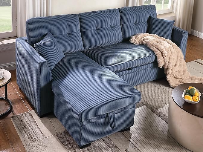 BEEY Sleeper Sofa 82 Corduroy Sectional Sofa Bed with Storage Chaise Convertible L Shaped Sofa Couch with Pull Out Bed for Bedroom Living Room Apartment Blue