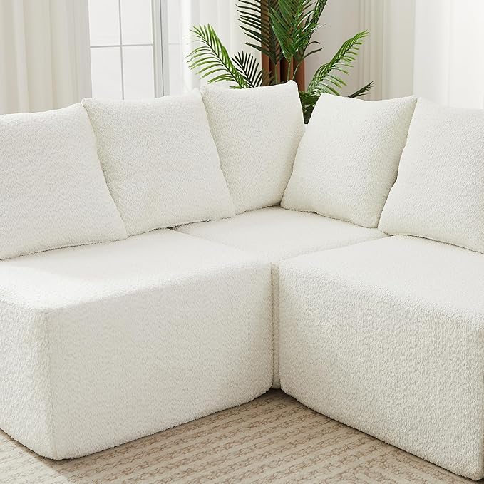 KEIKI 151.6 Extra Large L-Shaped Sofa Chenille Sectional Cloud Couch with 11 Pillows Curved Boneless Sofa for Living Room Guest Bedroom Beige