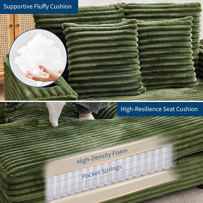 IDEALHOUSE 60 Oversized Chaise Lounge Chair Indoor Comfy Corduroy Lounge Sofa with Charging Station Upholstered Sofa Bed for Living Room Movie Room with Storage Pockets &amp 2 Cup Holders (Green)
