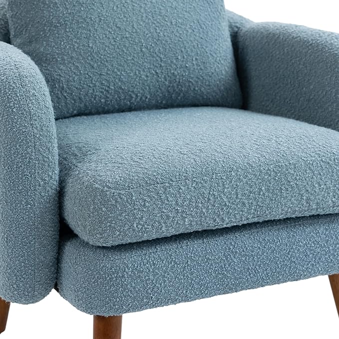 Mid Century Lounge Armchair with Boucle Fabric Solid Wood Legs and Comfortable Cushions Ideal for Bedroom and Living Room Reading and Relaxing (Light Blue)