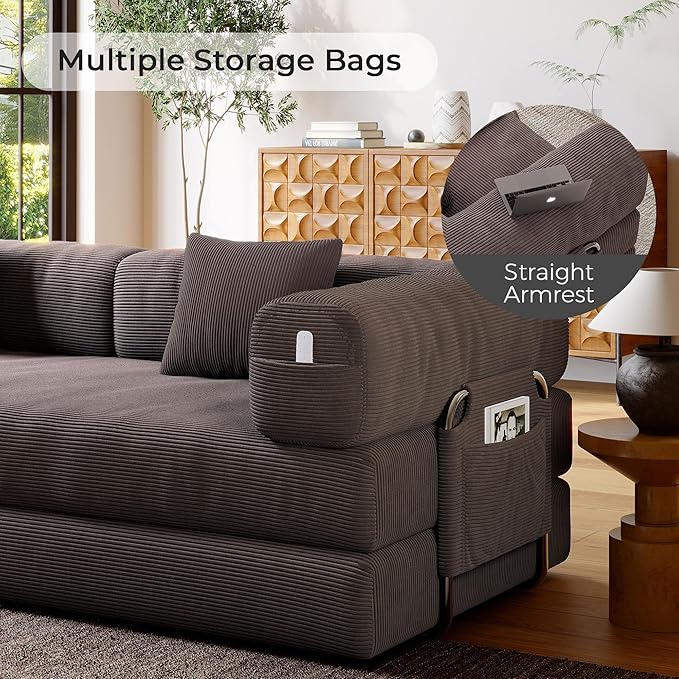 5-in-1 Folding Convertible Sofa Bed Loveseat Sleeper with Pull-Out Bed Floor Sofa Modular Futon Couch 79 Oversized Corduroy Upholstered Boneless Couch for Living Room Bedroom Lounge A-Brown