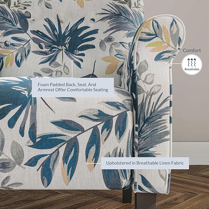BELLEZE Modern Accent Chair High Back Armchair Upholstered Wingback Side Chair Padded Single Sofa with Wooden Legs for Living Room Bedroom - Green Blue Floral