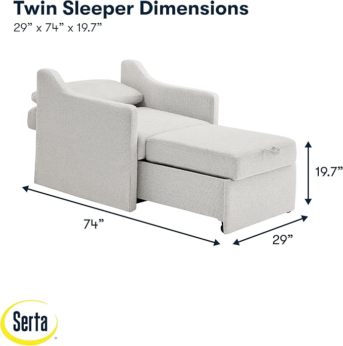 Serta Hawthorne 35 Slipcovered Convertible Accent Chair Cot Size Dreamcoil Comfort Finger Guard Protection Polyester Tweed Fabric Linen