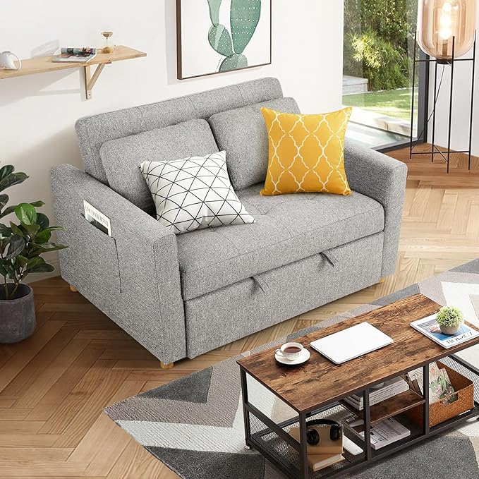 SEJOV Convertible Sofa Bed 3 in 1 Sleeper Sofa with Pull Out Bed Futon Couch with Storage Side Pocket Loveseat with Adjustable Backrest for Small Space Apartment loft Grey