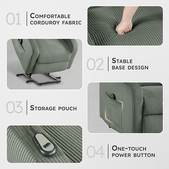 Lexicon Power Lift Recliner Chair for Elderly with Remote Control Gentle Lift Motion Side Pocket Armrest Corduroy Upholstered Electric Recliner for Living Room/Bedroom Easy Assembly Green