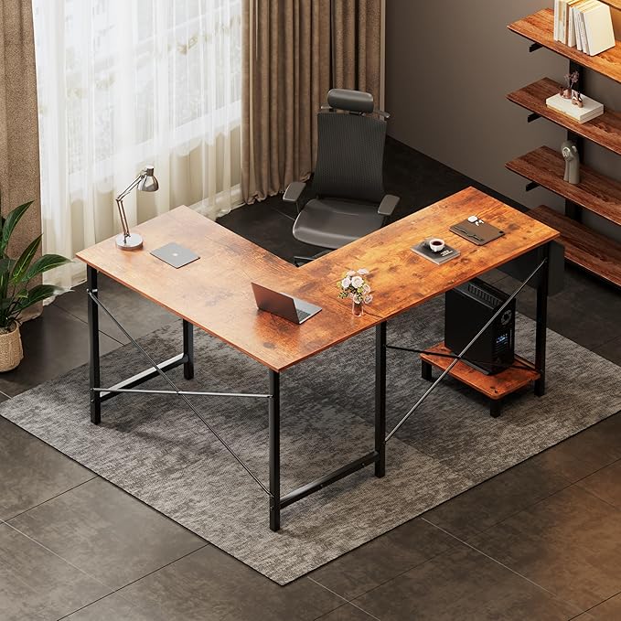 YSSOA 50 L Shaped Gaming Desk with Reversible Corner - Home Office Computer Desk with Wood Top Metal Frame CPU Stand &amp Storage Bag for Small Space Gaming Room Rust
