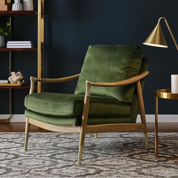 Modway Langford Stain-Resistant Performance Velvet Armchair – Mid Century Modern Velvet Chair with Wood Frame – Upholstered Accent Chair for Living Room or Bedroom