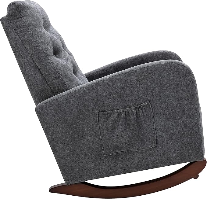 Cozy Linen Reclining Rocking Chair with Side Storage Pocket Comfortable Button Tufted Rocker Elegant and Functional Rocking Recliner Chair Ideal for Living Room &amp Nursery Dark Grey