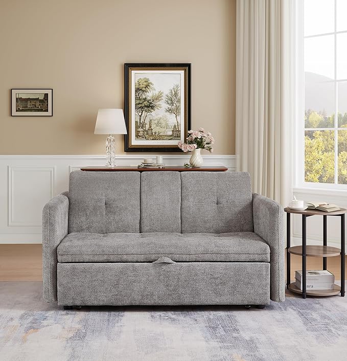 57.48 Convertible Sofa Bed with Cup Holder Pull Out Sleeper Sofa Bed with USB Charging Ports 3 in 1 Convertible Sleeper Sofa Bed for Living Room Apartment Bedroom RV Grey