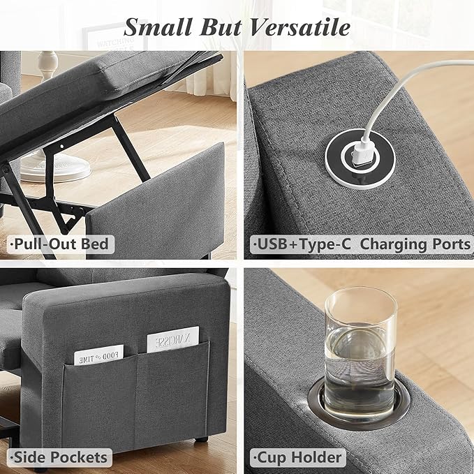 WEUP 42.5 Sleeper Sofa Chair Bed 3-in-1 Convertible Sleeper Chair with Pull Out Bed Adjustable Reclining Backrest Side Pockets Cup Holder USB Ports &amp Wing Table Premium Dark Grey