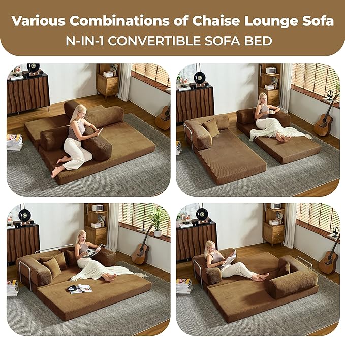 78 Inch Convertible Sofa Bed Corduroy Boneless Couch with Fixed Frame and 4 Pillows Modular Sectional Couch for Living Room Bedroom Studio Floor Bed Loveseat Sofa (Brown)