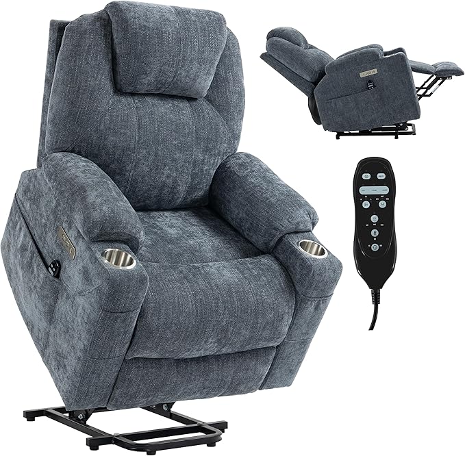 Power Lift Chair with Massage &amp Heat Electric Recliner Chairs for Adults Remote Control Sofa for Living Room Standing Assistance USB Ports Stainless Steel Cup Holders (Chenille Blue)