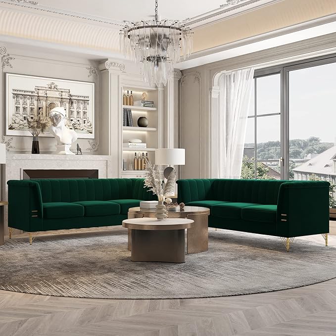 83.46 W Green Velvet Sofa Couch with Metal Gold Legs 3-Seater High Arm Upholstered Sofa for Living Room Bedroom Office (Green)