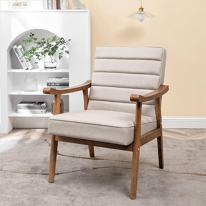 Unique Mid Century Modern Accent Chair with Open-Framed Armchair Design Plush Foam Cushioning and Leather-Look Microfiber Seat and Back Cushions Beige