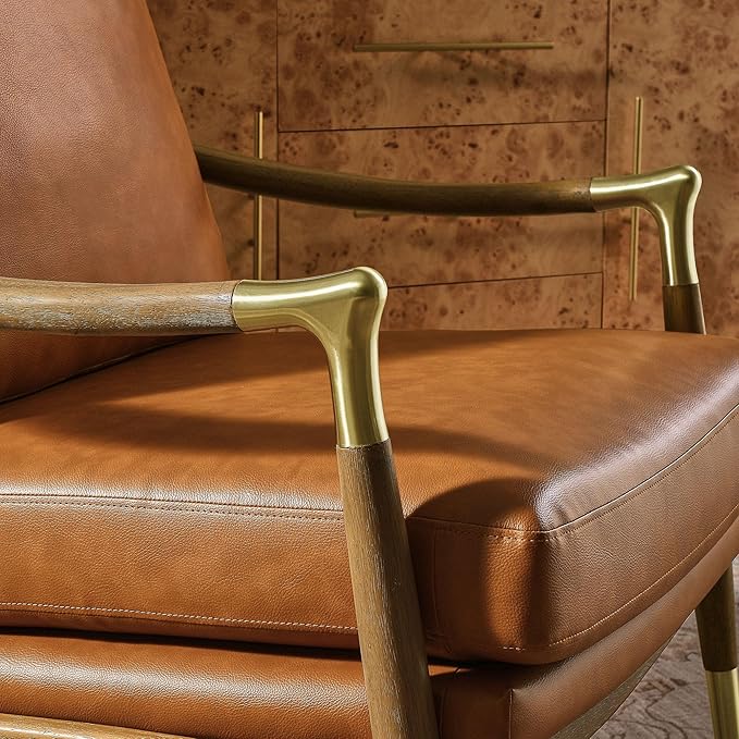 Modway Langford Faux Leather Upholstered Armchair – Mid-Century Modern Armchair with Wood Frame – PU Leather Accent Chair for Living Room or Bedroom