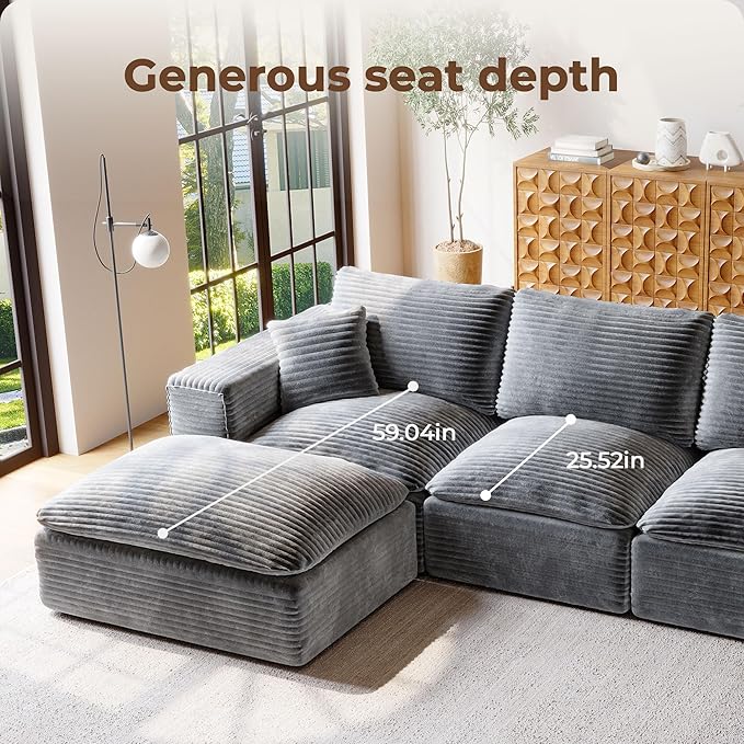 108 Cloud Sectional Couch with L-Shape Chaise Upholstered Couches for Living Room Bedroom Modern Modular Sofa with Deep Seat No Assembly Required Ottoman Movable (Grey)