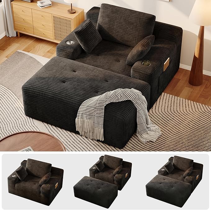 67 Oversized Chaise Lounge Sofa Indoor Sleeper Couch Chair with Cup Holders &amp Side Pocket | High-Density Memory Foam | Living Room Sofa Bed | Boneless Chaise | No Assembly (Black)