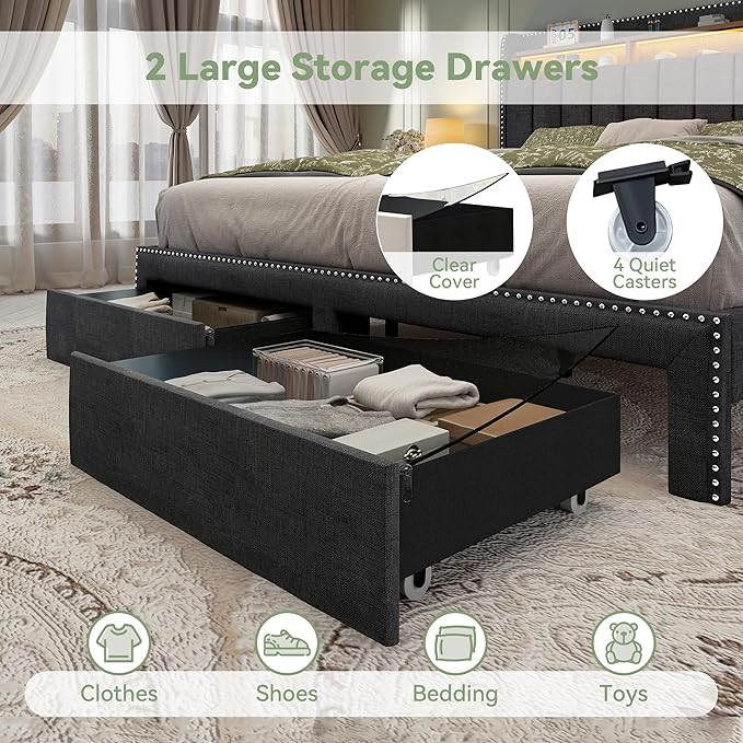 Torana Full LED Bed Frame with 2 Drawers Linen Upholstered Storage Wingback Headboard Beds Channel Tufted Platform Bedframe with Rivet Decor No Box Spring Needed Dark Grey