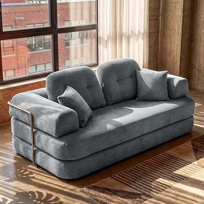 Convertible Modular Sofa Bed with Large Backrest Support &amp Storage Pockets Modern Corduroy Floor Couch for Small Apartment &amp Limited Space Ergonomically Designed Furniture (Gray 82'')