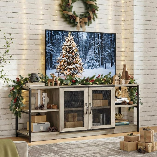 IDEALHOUSE Farmhouse TV Stand for 65/75 Inch TVs Vintage TV Cabinet with 2 Mesh Doors and 4 Open Shelves Rustic Entertainment Center for Living Room Bedroom (Grey 71 in)