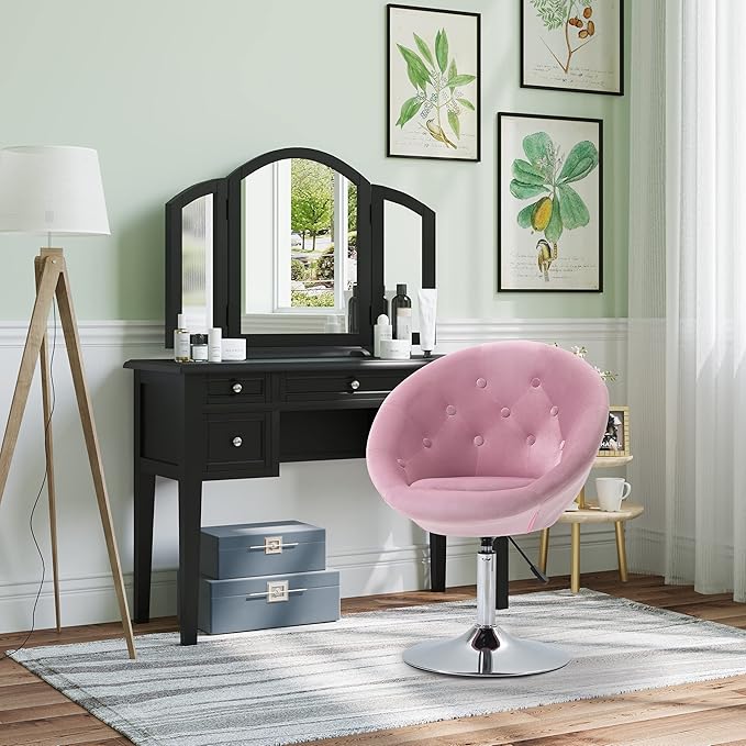 Modern Makeup Vanity Chair Round Tufted Swivel Accent Chair with Chrome e Height Adjustable for Living Room Bedroom Pink