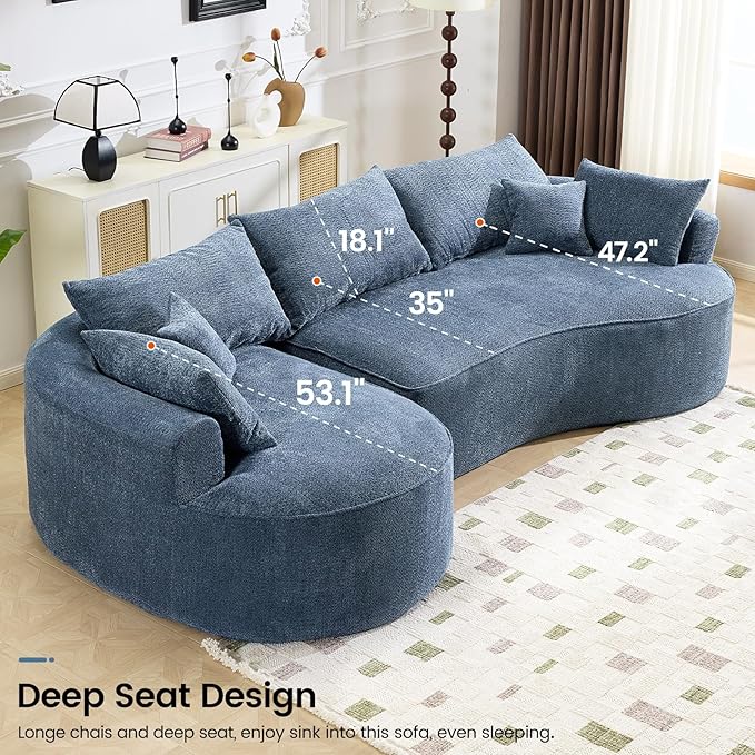 126” Oversized Curved Sectional Sofa L Shaped Chenille Boneless Couch with Deep Seat &amp 7 Pillows for Living Room Bedroom No Assembly Required (Blue)