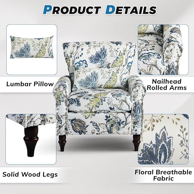 Floral Accent Chair with Lumbar Pillow Retro Wingback Armchair with Nailhead Trim &amp Rolled Arms Modern Linen Fabric Upholstered Recliner for Living Room Bedroom Reading Chair Easy Assembly