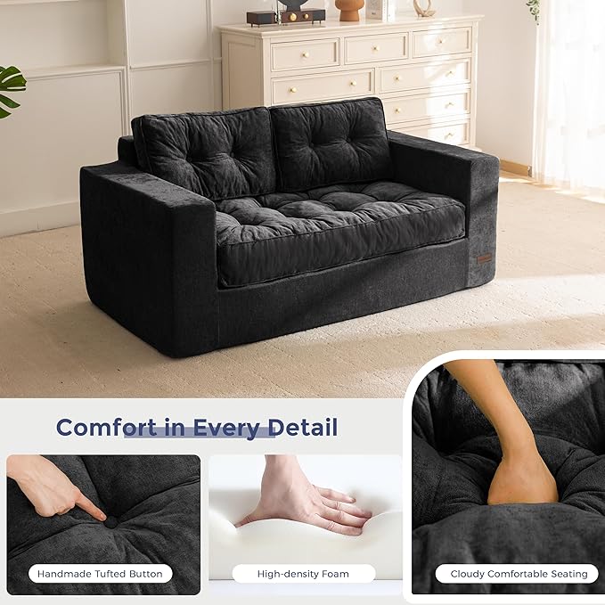MAXYOYO Boneless Sofa Couch Loveseat Sofa for Small Space Tufted 2-Seater Floor Couch Bean Bag Chair for Living Room Bedroom Apartment Sofa in a Box No Assembly Needed Black