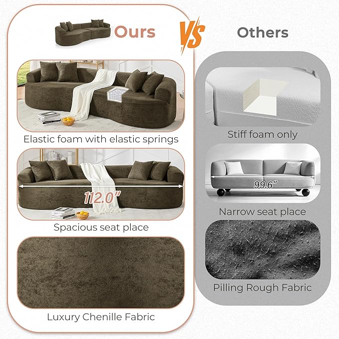 112'' Oversized Curved Modular Sectional Sofa Upholstered Chenille Boneless Couch Comfy Cloud Compression Sofa with Extra Deep &amp Wide Seat for Living Room Apartment Office Dark Brown