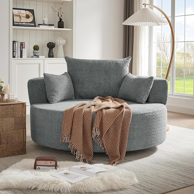 360° Swivel Barrel Chair with 3 Removable Cushions Accent Round Sofa Chair for Living Room Bedroom Office Hotel Grey