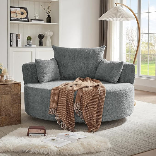 Oversized Round Swivel Chaise Modern 360°Swivel Barrel Chair with 3 Pillows Comfy Chenille Chaise Lounge Chair Indoor Single Cloud Circle Sofa for Living Room Bedroom Office (Grey)