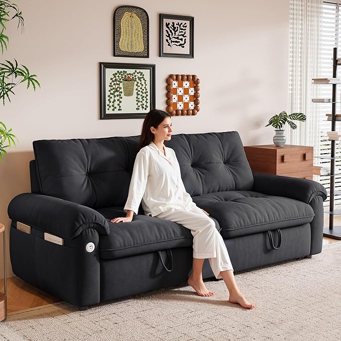 77'' Convertible Sofa Bed Queen Size Pull Out Couch Bed with Storage and USB Velvet Love Seat Sleeper Sofabed for Living Room Small Apartment Bedroom Office Black