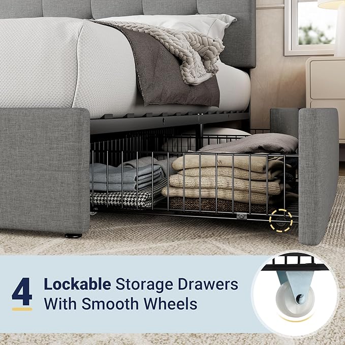 Allewie Upholstered Full Size Platform Bed Frame with 4 Storage Drawers and Headboard Square Stitched Button Tufted Mattress Foundation with Wooden Slats Support No Box Spring Needed Light Grey