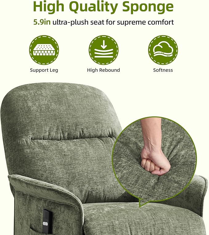Power Recliner Chair with Remote Control 21 Wide Seat Small Recliners with Side Pocket for Adults Thick Cushions Chair for Living Room &amp Bedroom Green