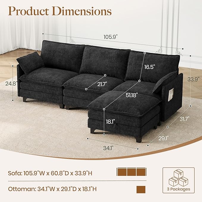 106 L Shaped Modern Modular Sectional Sofa Chenille Cloud Couch with Storage Ottoman Deep Seat Couches with Side Pocket for Living Room Bedroom and Apartment Dark Grey