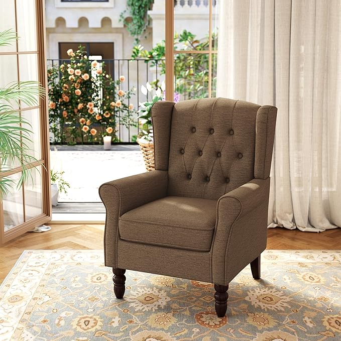 Accent Chair Upholstered Armchair with Button Tufted High Back &amp Solid Wood Legs Comfy Wingback Reading Single Sofa Chair for Small Spaces Living Room Bedroom (Brown Set of 2)