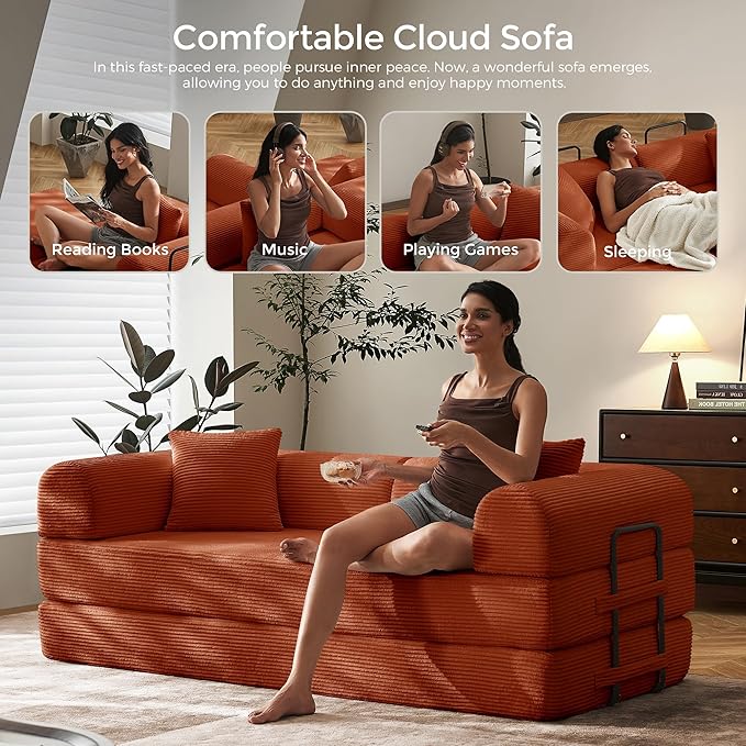 79 Convertible Sofa Bed with Fixed-Shape Frame &amp Removable Armrests Modular Corduroy Sleeper Sofa Folding Mattress Couch for Small Spaces - No Assembly Needed in Orange (Includes 2 Pillows)