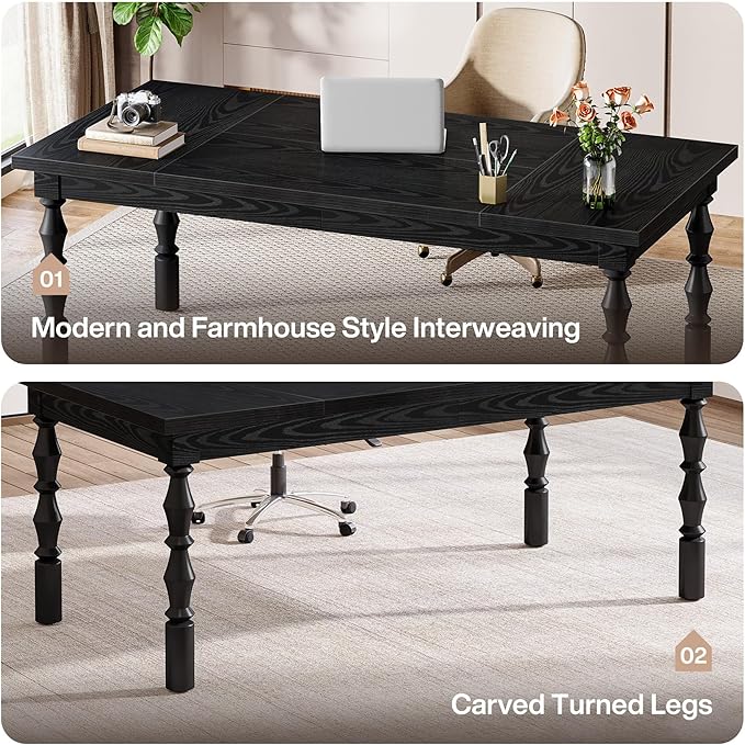 Tribesigns Large Executive Office Desk 62.2-Inch Farmhouse Modern Computer Desk Mid Century Study Writing Table Workstations Business Office Furniture with Carved Turned Legs (Black)