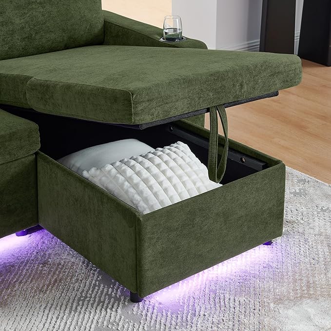 KEIKI 85 L-Shaped Chenille Sectional Sofa with Pull-Out Bed Storage Chaise Lounge Retractable Table USB Cup Holders Convertible 3-Seater Sleeper Couch Bed Easy Assembly for Living Room Green